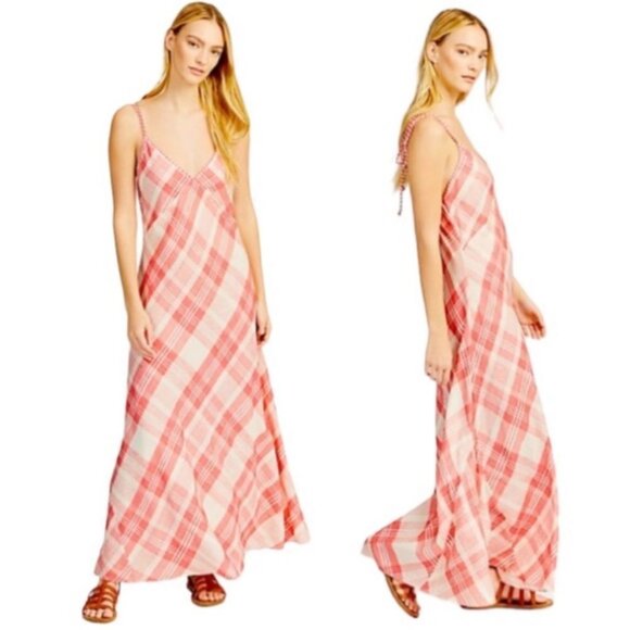 POLO by Ralph Lauren Pink & Cream Plaid Twill Cross Back Detail Maxi Dress SZ 12 - Picture 2 of 16